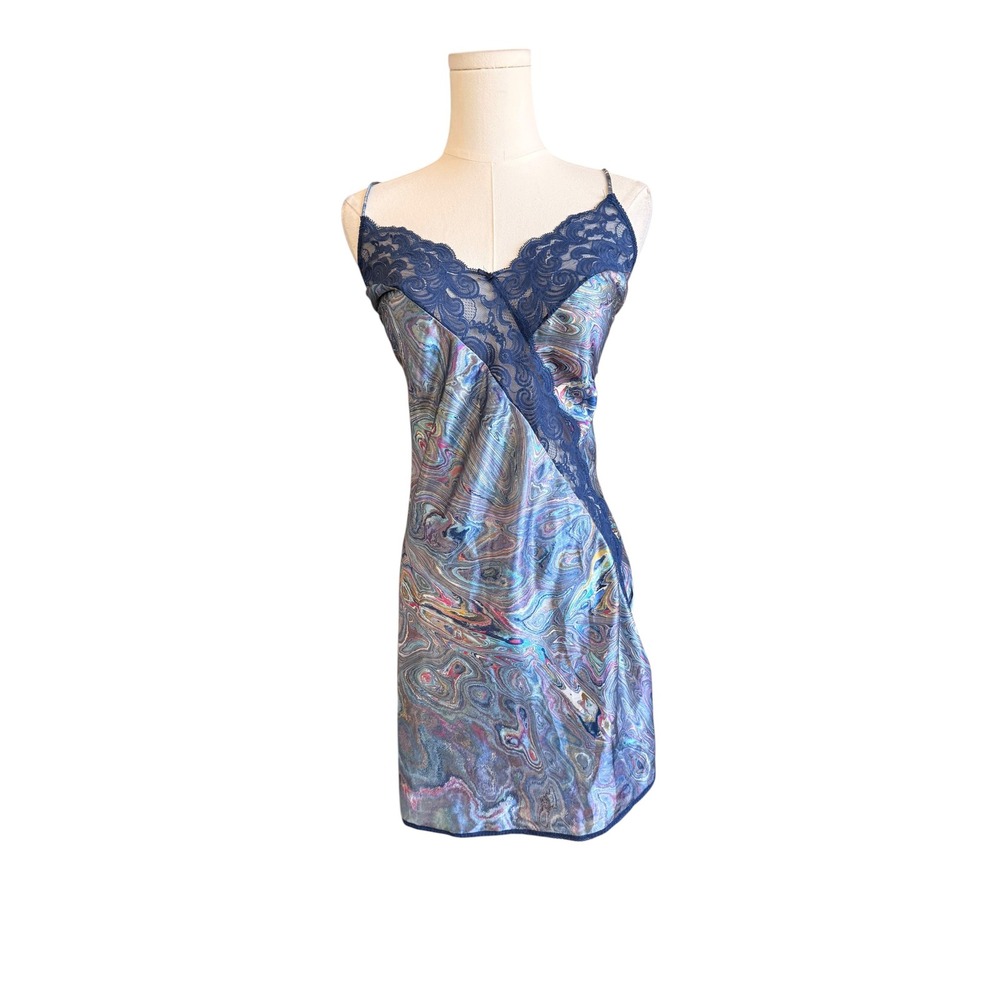 Vintage Delicates Marbled Satin Lace Trim Chemise Slip Dress Large